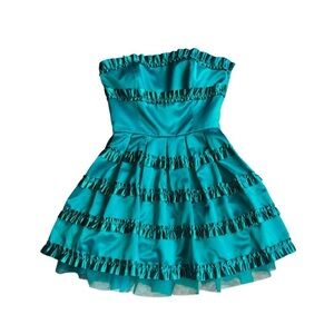 Y2k betsey Johnson twee coquette teal strapless party mini dress with ruffles
